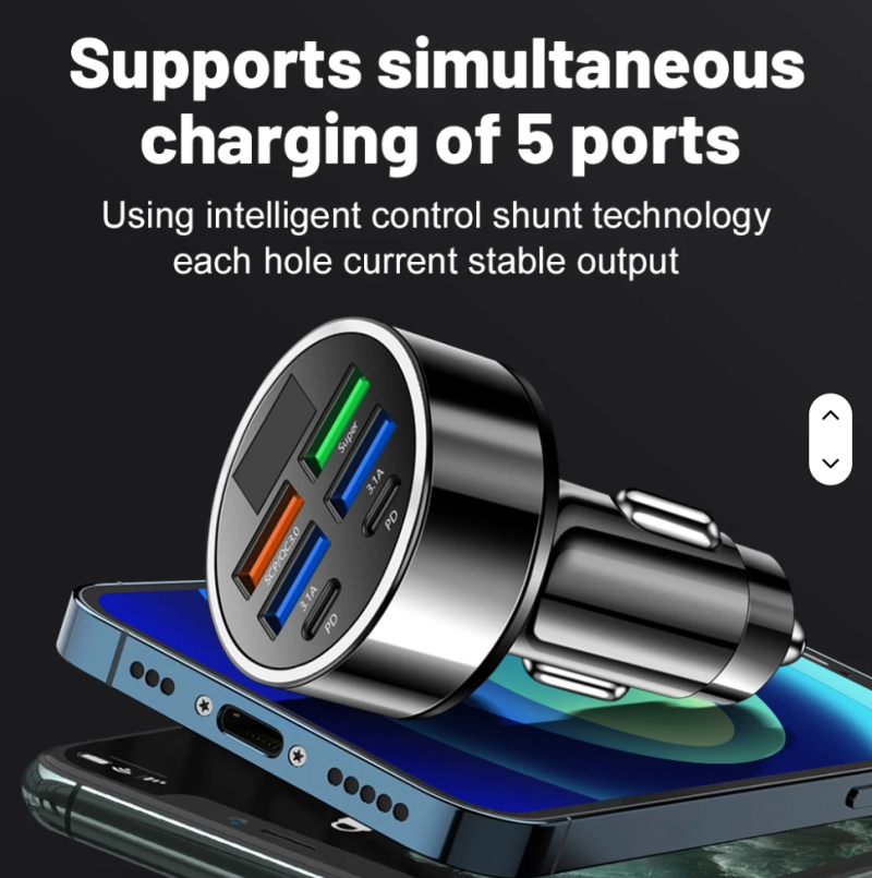 100W 6-in-1 Multi-Port Car Charger – Super Fast Charging with Digital Display for Mobile Phones & Devices - Image 4